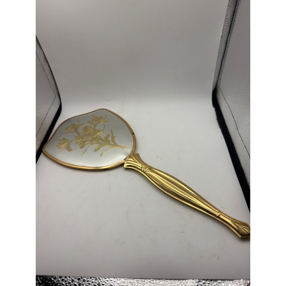 Vintage Hand Held Mirror And Brush With Gold Tone Floral Design